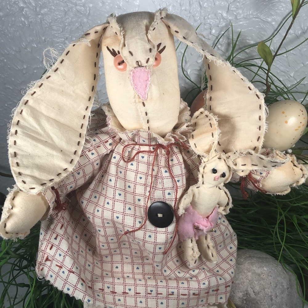 Bunny Rabbit Doll w/ Baby Farmhouse Handmade Distressed Rustic Rabbit Doll - Picture 2 of 12
